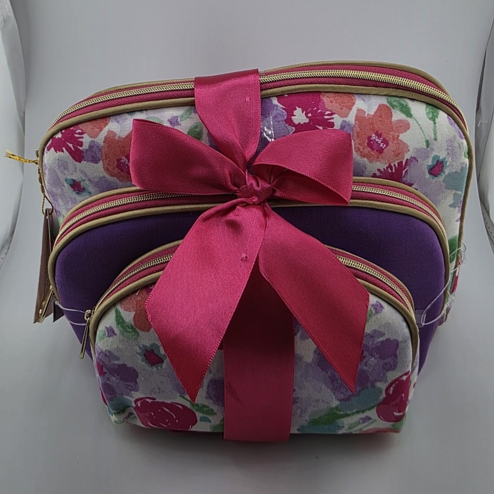 3 Piece Floral Makeup Bag Set Multicolor Purple Pink Fabric Zipper Cosmetic Bags
